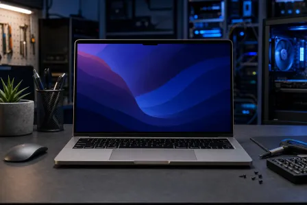 MacBook Pro open on a dark workbench showing macOS wallpaper, surrounded by tools, a mouse, and a glowing PC build. MacBook Pro open on a dark workbench showing macOS wallpaper, surrounded by tools, a mouse, and a glowing PC build.