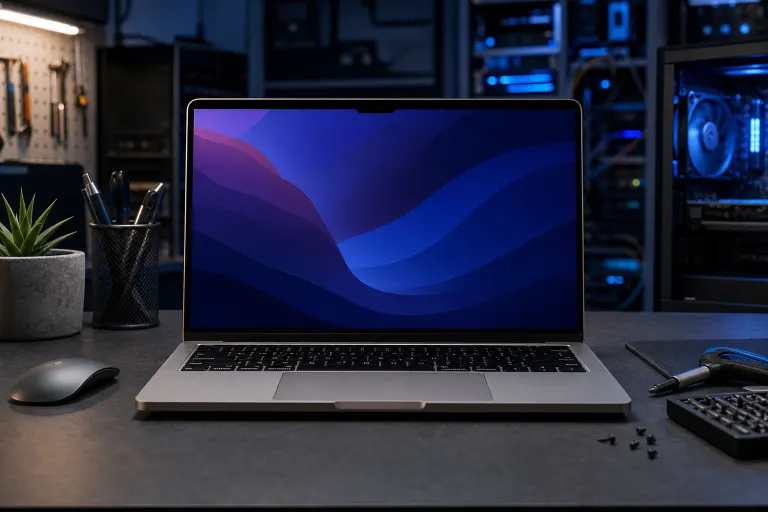 MacBook Pro open on a dark workbench showing macOS wallpaper, surrounded by tools, a mouse, and a glowing PC build. MacBook Pro open on a dark workbench showing macOS wallpaper, surrounded by tools, a mouse, and a glowing PC build.