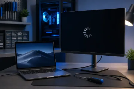 MacBook laptop connected to an external monitor showing a loading spinner, on a dark tech desk with blue PC lighting in background. MacBook laptop connected to an external monitor showing a loading spinner, on a dark tech desk with blue PC lighting in background.
