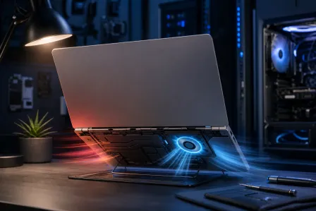 Laptop on a stand showing blue cooling fan glow and red heat exhaust, on a dark tech desk with a PC tower nearby. Laptop on a stand showing blue cooling fan glow and red heat exhaust, on a dark tech desk with a PC tower nearby.