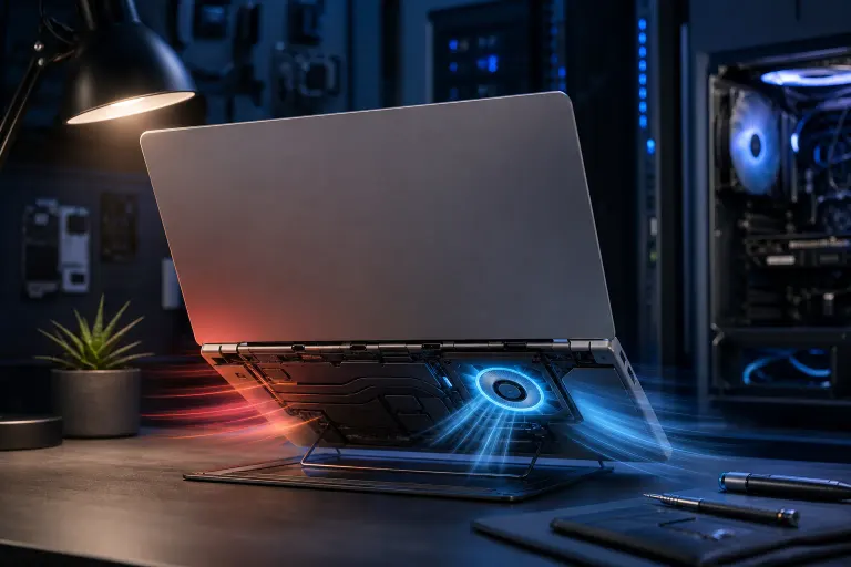 Laptop on a stand showing blue cooling fan glow and red heat exhaust, on a dark tech desk with a PC tower nearby. Laptop on a stand showing blue cooling fan glow and red heat exhaust, on a dark tech desk with a PC tower nearby.