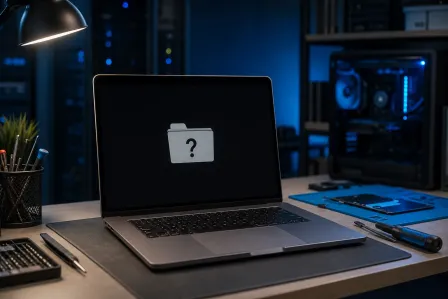 MacBook on a repair desk displaying a flashing question mark folder icon on a black screen, surrounded by tools and PC hardware MacBook on a repair desk displaying a flashing question mark folder icon on a black screen, surrounded by tools and PC hardware