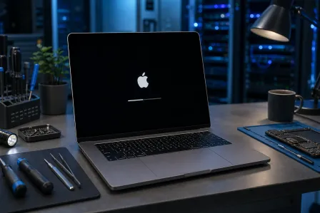 MacBook showing Apple logo boot screen with progress bar, on a repair workbench surrounded by screwdrivers and tools MacBook showing Apple logo boot screen with progress bar, on a repair workbench surrounded by screwdrivers and tools