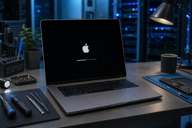 MacBook showing Apple logo boot screen with progress bar, on a repair workbench surrounded by screwdrivers and tools MacBook showing Apple logo boot screen with progress bar, on a repair workbench surrounded by screwdrivers and tools