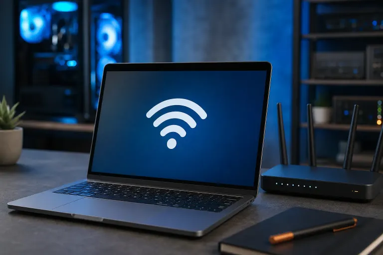 MacBook laptop displaying a Wi-Fi symbol on blue screen, beside a black wireless router on a dark desk. MacBook laptop displaying a Wi-Fi symbol on blue screen, beside a black wireless router on a dark desk.