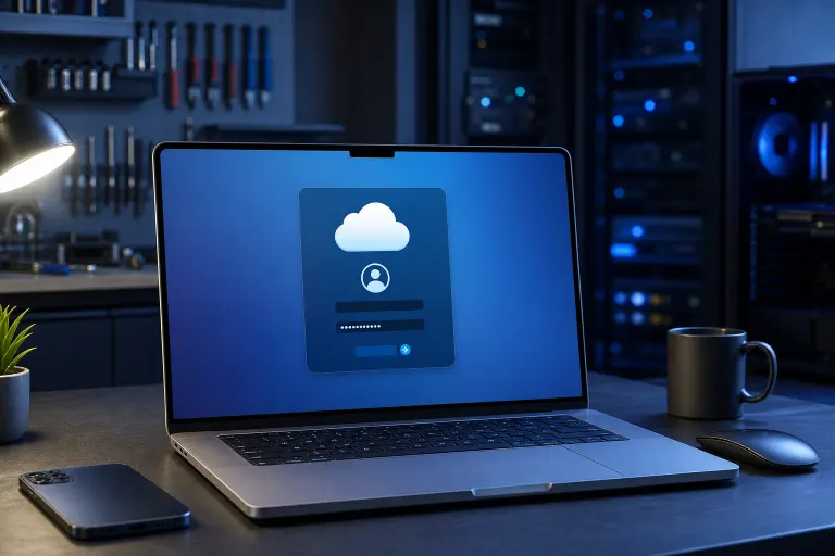 MacBook on dark desk displaying a cloud login screen with username/password fields, server racks visible in background MacBook on dark desk displaying a cloud login screen with username/password fields, server racks visible in background