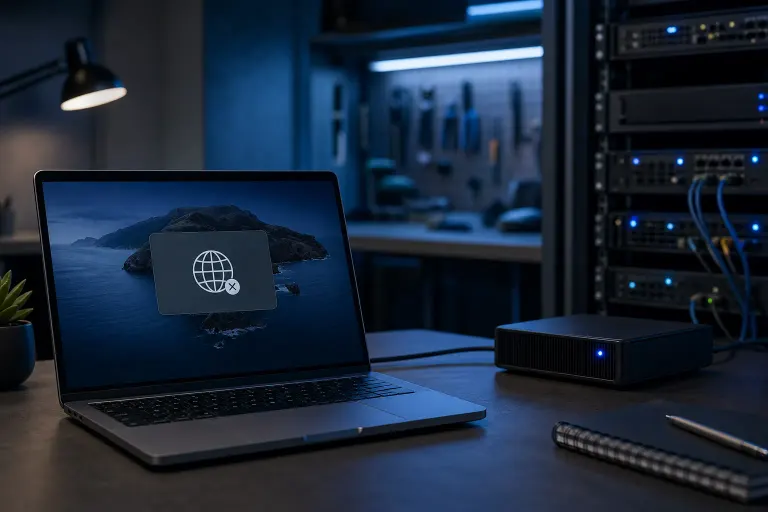 MacBook showing a no-network icon on macOS Catalina wallpaper, beside a NAS drive, with server rack in background MacBook showing a no-network icon on macOS Catalina wallpaper, beside a NAS drive, with server rack in background