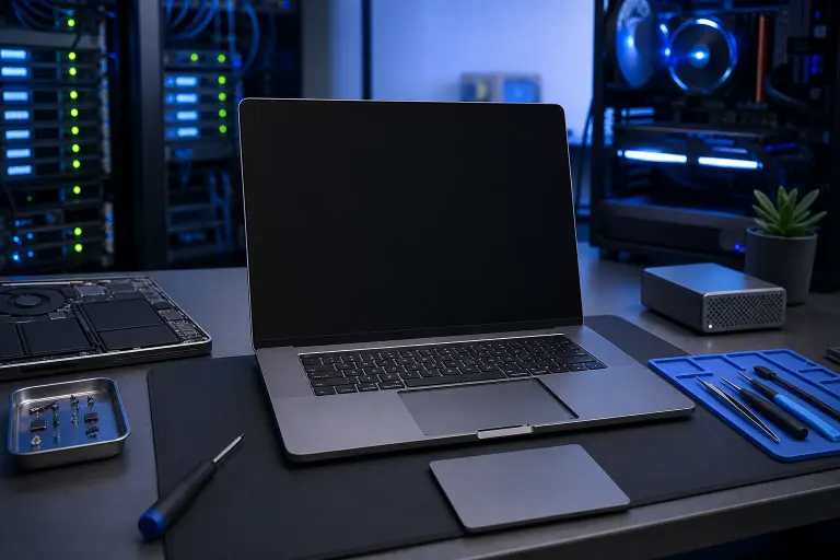 Open MacBook Pro on a repair workstation with tools, screws, disassembled Mac, and a detached trackpad nearby Open MacBook Pro on a repair workstation with tools, screws, disassembled Mac, and a detached trackpad nearby