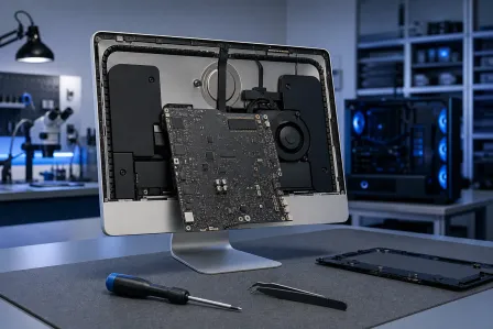 Disassembled iMac showing exposed logic board, fan, and internals on a repair workbench with screwdriver and tweezers. Disassembled iMac showing exposed logic board, fan, and internals on a repair workbench with screwdriver and tweezers.