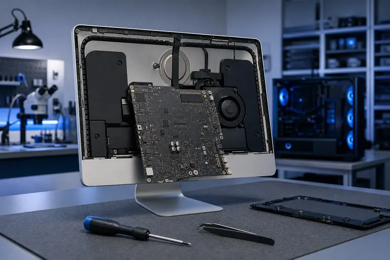 Disassembled iMac showing exposed logic board, fan, and internals on a repair workbench with screwdriver and tweezers. Disassembled iMac showing exposed logic board, fan, and internals on a repair workbench with screwdriver and tweezers.