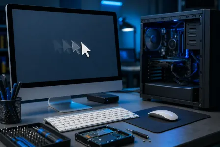 Dark desk setup with monitor showing moving cursor trail, open PC tower, Apple keyboard, Magic Mouse, and repair tools Dark desk setup with monitor showing moving cursor trail, open PC tower, Apple keyboard, Magic Mouse, and repair tools