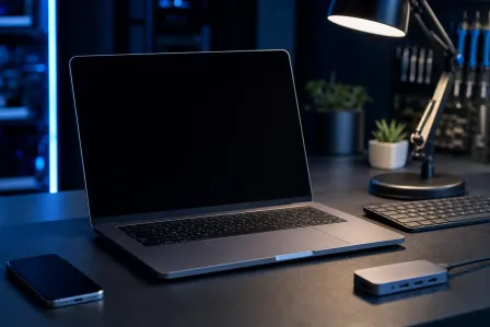 MacBook with black screen on dark desk with lamp, smartphone, keyboard, USB hub, and small plants in moody blue lighting MacBook with black screen on dark desk with lamp, smartphone, keyboard, USB hub, and small plants in moody blue lighting