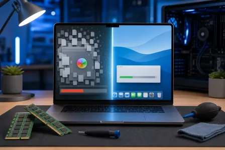 MacBook showing split screen: left side with spinning beachball and red progress bar, right side clean macOS with green bar; RAM sticks and tools near MacBook showing split screen: left side with spinning beachball and red progress bar, right side clean macOS with green bar; RAM sticks and tools near