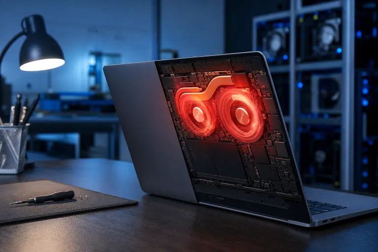 Laptop on desk displaying glowing red dual cooling fans over circuit board, screwdriver nearby, server racks in background Laptop on desk displaying glowing red dual cooling fans over circuit board, screwdriver nearby, server racks in background