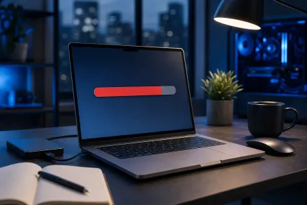 Laptop on dark desk displaying a red progress bar on dark screen, with mouse, notebook, coffee mug, and city view behind. Laptop on dark desk displaying a red progress bar on dark screen, with mouse, notebook, coffee mug, and city view behind.