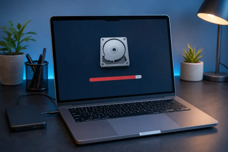 Laptop screen shows a hard-drive icon and nearly full red storage bar, with an external drive nearby. Laptop screen shows a hard-drive icon and nearly full red storage bar, with an external drive nearby.
