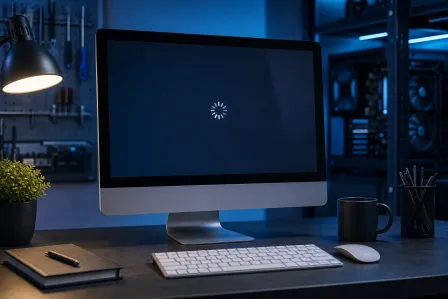 iMac on a dark desk showing a loading spinner on black screen, with keyboard, mouse, mug, and lamp nearby iMac on a dark desk showing a loading spinner on black screen, with keyboard, mouse, mug, and lamp nearby