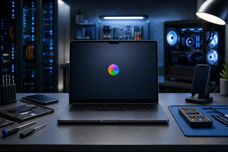 MacBook Pro on a dark tech workbench displaying the macOS spinning beachball cursor, surrounded by repair tools and components. MacBook Pro on a dark tech workbench displaying the macOS spinning beachball cursor, surrounded by repair tools and components.