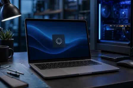 MacBook on dark desk showing blue wave wallpaper with a spinning loading wheel icon centered on screen, beside a desktop PC MacBook on dark desk showing blue wave wallpaper with a spinning loading wheel icon centered on screen, beside a desktop PC