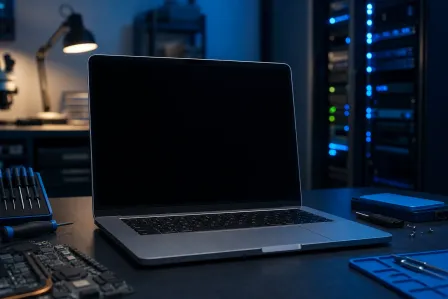 MacBook with black screen open on a repair workbench, surrounded by screwdrivers, circuit board, and server racks in background. MacBook with black screen open on a repair workbench, surrounded by screwdrivers, circuit board, and server racks in background.