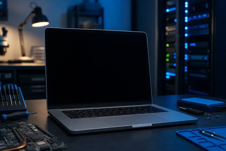 MacBook with black screen open on a repair workbench, surrounded by screwdrivers, circuit board, and server racks in background. MacBook with black screen open on a repair workbench, surrounded by screwdrivers, circuit board, and server racks in background.
