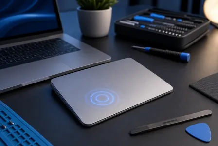 Silver Mac trackpad with glowing blue circle on dark desk beside MacBook, screwdriver, toolkit, and pry tools Silver Mac trackpad with glowing blue circle on dark desk beside MacBook, screwdriver, toolkit, and pry tools