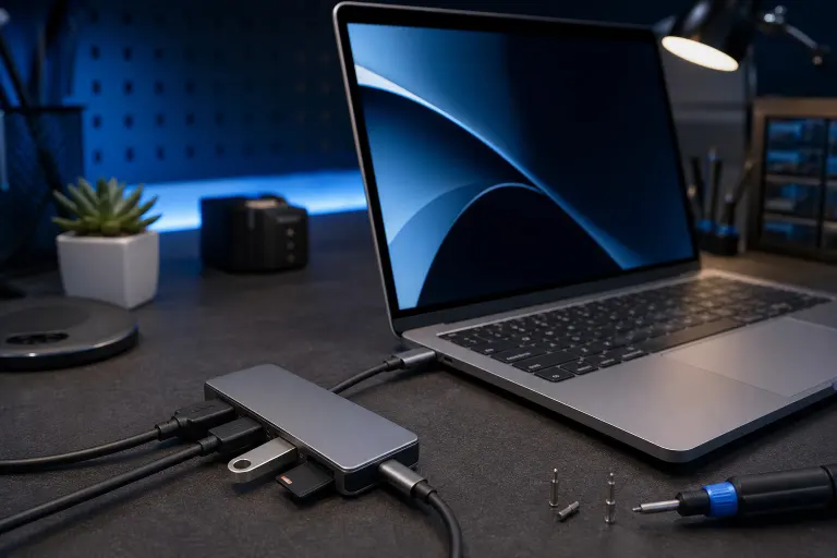 USB-C hub with multiple cables and a USB drive connected to a MacBook Pro on a dark desk with ambient blue lighting. USB-C hub with multiple cables and a USB drive connected to a MacBook Pro on a dark desk with ambient blue lighting.