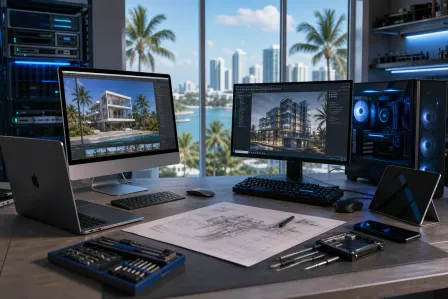 Mac and Windows workstations side by side on a desk with architectural renderings, blueprints, and Miami skyline backdrop.