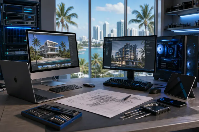 Mac and Windows workstations side by side on a desk with architectural renderings, blueprints, and Miami skyline backdrop. Mac and Windows workstations side by side on a desk with architectural renderings, blueprints, and Miami skyline backdrop.