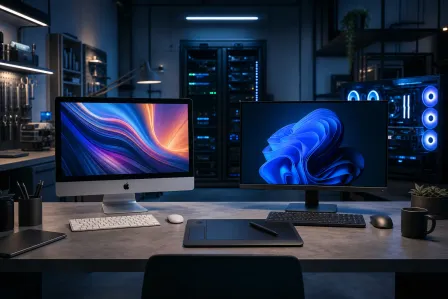 iMac with colorful wallpaper beside a Windows 11 monitor on a desk, with graphics tablet, keyboards, and a glowing PC in background iMac with colorful wallpaper beside a Windows 11 monitor on a desk, with graphics tablet, keyboards, and a glowing PC in background