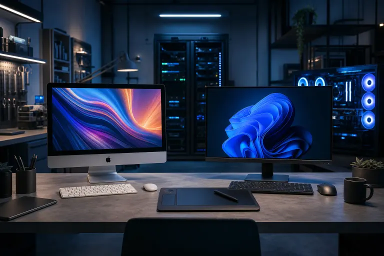 iMac with colorful wallpaper beside a Windows 11 monitor on a desk, with graphics tablet, keyboards, and a glowing PC in background iMac with colorful wallpaper beside a Windows 11 monitor on a desk, with graphics tablet, keyboards, and a glowing PC in background