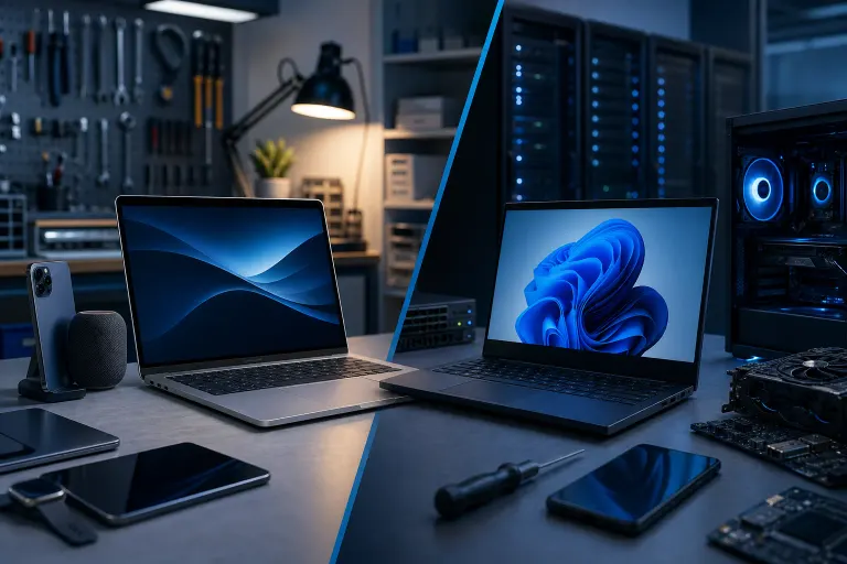 Split image: MacBook with dark wave wallpaper on left in repair shop; Windows 11 laptop with bloom wallpaper on right near server racks. Split image: MacBook with dark wave wallpaper on left in repair shop; Windows 11 laptop with bloom wallpaper on right near server racks.