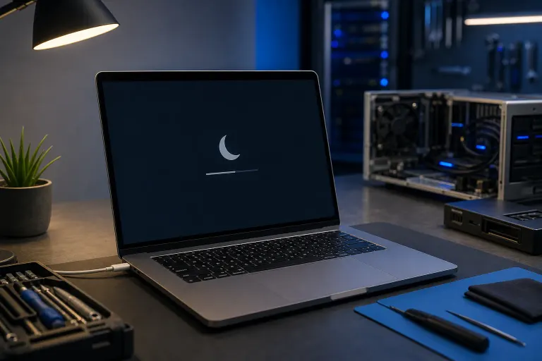 MacBook on a dark workbench displaying a crescent moon sleep icon with a progress bar, surrounded by repair tools and PC hardware. MacBook on a dark workbench displaying a crescent moon sleep icon with a progress bar, surrounded by repair tools and PC hardware.