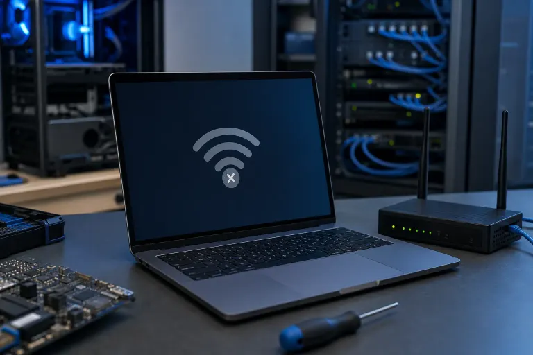 Laptop displaying a Wi-Fi error icon beside a wireless router and network equipment. Laptop displaying a Wi-Fi error icon beside a wireless router and network equipment.