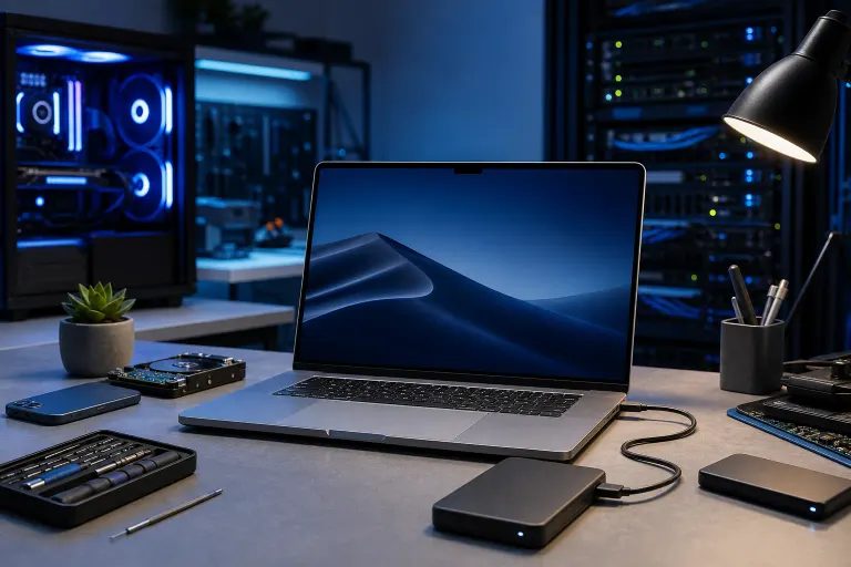 MacBook Pro on a dark desk with an external drive connected via USB-C, beside screwdrivers, an HDD, and a glowing PC tower. MacBook Pro on a dark desk with an external drive connected via USB-C, beside screwdrivers, an HDD, and a glowing PC tower.