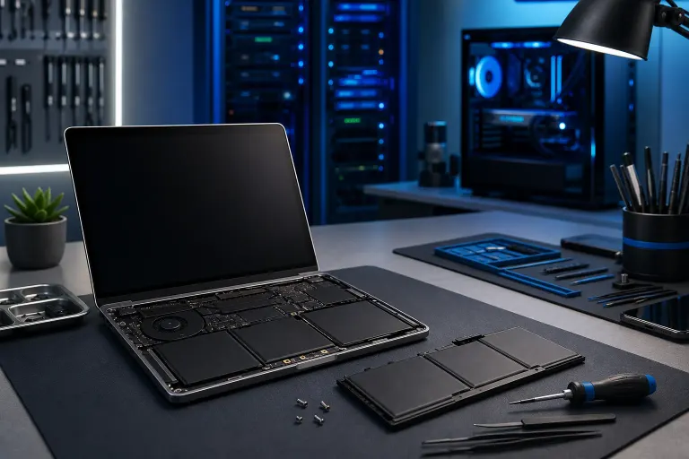 Disassembled MacBook Pro on repair workbench with battery removed, screwdriver, tools, and blue-lit PC in background Disassembled MacBook Pro on repair workbench with battery removed, screwdriver, tools, and blue-lit PC in background