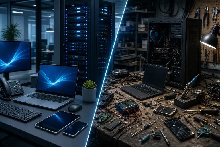 Split image: left shows clean IT office with laptop, monitor, server racks; right shows cluttered repair bench with open PC and tools. Split image: left shows clean IT office with laptop, monitor, server racks; right shows cluttered repair bench with open PC and tools.