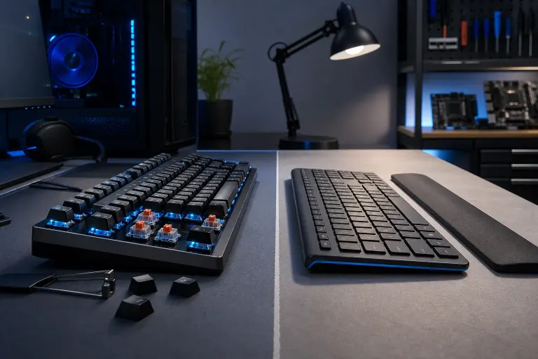Split scene: mechanical keyboard with RGB lighting and exposed switches left; slim membrane keyboard with wrist rest right. Split scene: mechanical keyboard with RGB lighting and exposed switches left; slim membrane keyboard with wrist rest right.
