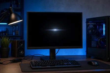 Gaming PC setup in dark room with monitor displaying a brief horizontal light streak on black screen, keyboard and mouse visible Gaming PC setup in dark room with monitor displaying a brief horizontal light streak on black screen, keyboard and mouse visible