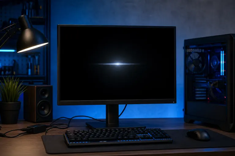 Gaming PC setup in dark room with monitor displaying a brief horizontal light streak on black screen, keyboard and mouse visible Gaming PC setup in dark room with monitor displaying a brief horizontal light streak on black screen, keyboard and mouse visible