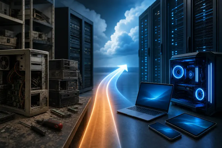 Old rusted PC tower on left contrasts with modern glowing RGB PC, laptop, and tablets on right, with server racks and cloud backdrop Old rusted PC tower on left contrasts with modern glowing RGB PC, laptop, and tablets on right, with server racks and cloud backdrop