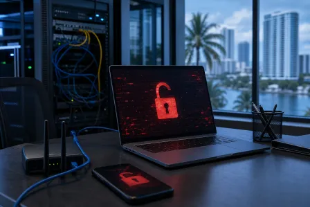 Laptop and phone displaying red open padlock warning on dark screens, with router, server rack, and Miami skyline backdrop. Laptop and phone displaying red open padlock warning on dark screens, with router, server rack, and Miami skyline backdrop.