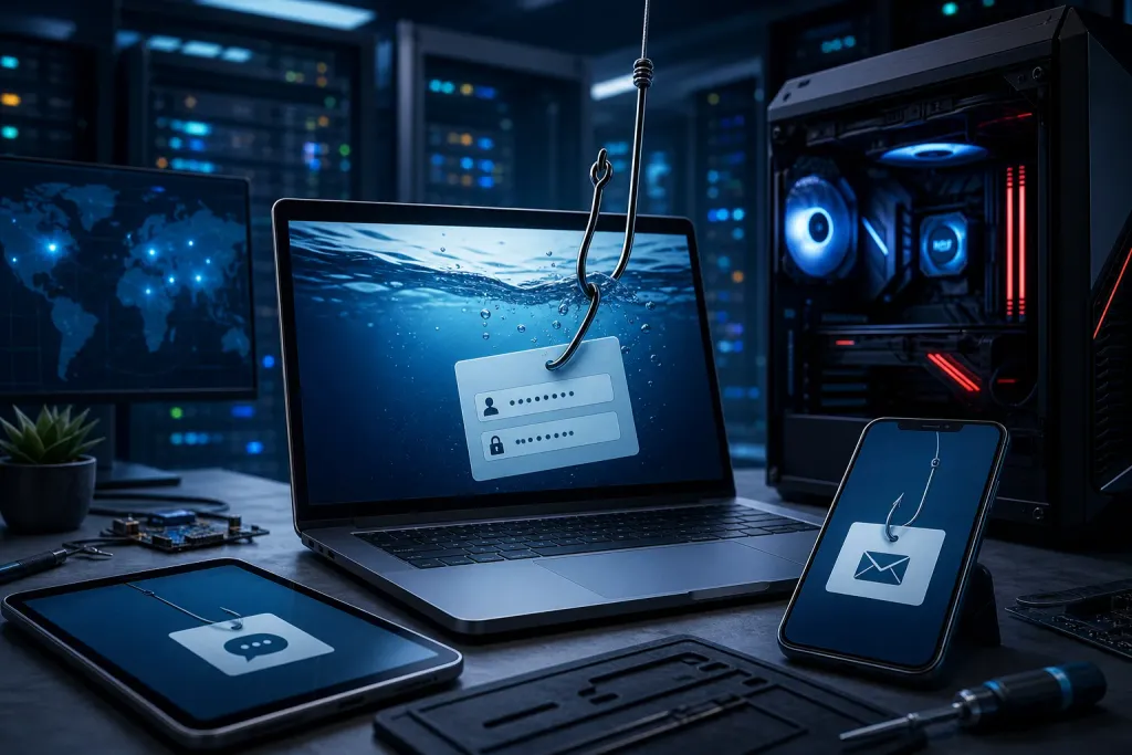 Fishing hook pulling a login form from a laptop screen; tablet and phone show hooked chat and email icons in dark server room. Fishing hook pulling a login form from a laptop screen; tablet and phone show hooked chat and email icons in dark server room.
