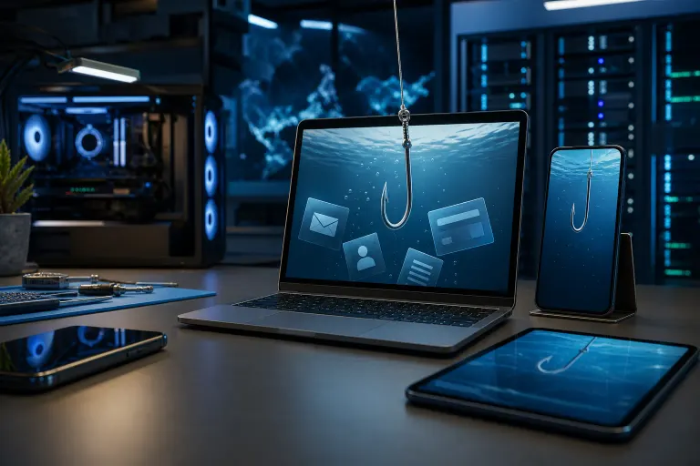 Laptop, phone, and tablet displaying fishing hooks and data icons underwater, symbolizing phishing attacks on devices. Laptop, phone, and tablet displaying fishing hooks and data icons underwater, symbolizing phishing attacks on devices.