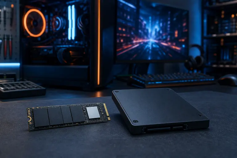 An M.2 NVMe SSD standing upright beside a 2.5-inch SATA SSD on a desk with a gaming PC and monitor behind. An M.2 NVMe SSD standing upright beside a 2.5-inch SATA SSD on a desk with a gaming PC and monitor behind.