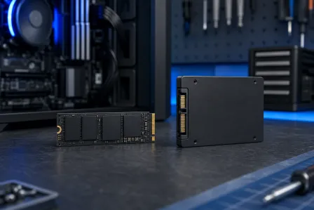 M.2 NVMe SSD (left) and 2.5-inch SATA SSD (right) side by side on a dark workbench with PC components behind. M.2 NVMe SSD (left) and 2.5-inch SATA SSD (right) side by side on a dark workbench with PC components behind.