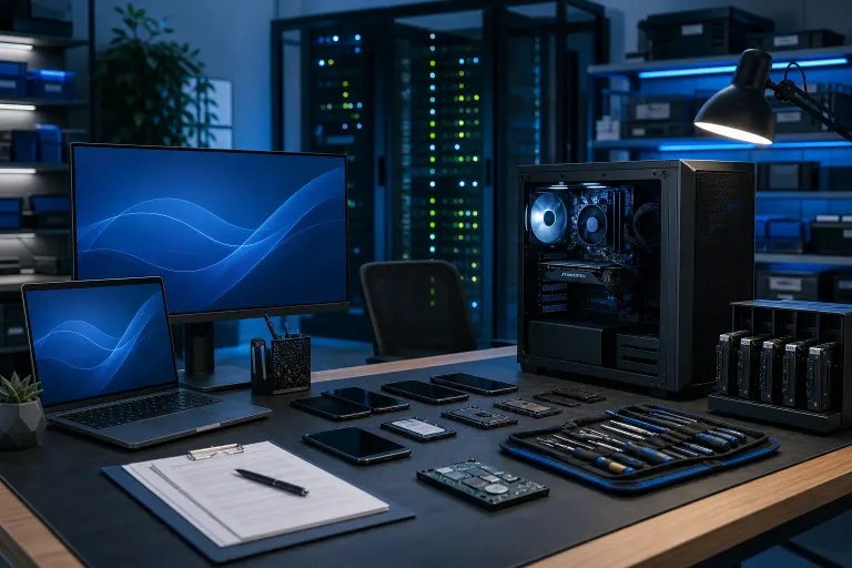 Dark IT workspace with open PC tower, laptop, monitor, smartphones, hard drives, screwdrivers, and server racks in background. Dark IT workspace with open PC tower, laptop, monitor, smartphones, hard drives, screwdrivers, and server racks in background.