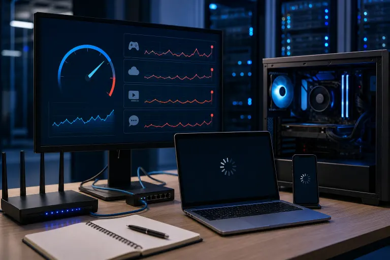 Office network setup with fast-speed dashboard and laptop and phone showing loading spinners. Office network setup with fast-speed dashboard and laptop and phone showing loading spinners.