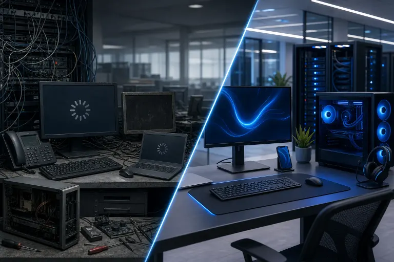 Split image: left shows cluttered, outdated office tech with loading icons; right shows modern, clean RGB PC setup in a server room. Split image: left shows cluttered, outdated office tech with loading icons; right shows modern, clean RGB PC setup in a server room.