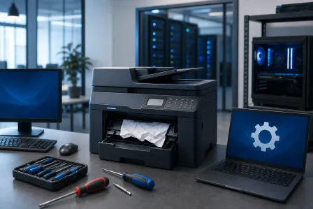 Office multifunction printer with paper jam, screwdrivers, laptop showing settings gear, desktop PC, and server racks in background. Office multifunction printer with paper jam, screwdrivers, laptop showing settings gear, desktop PC, and server racks in background.